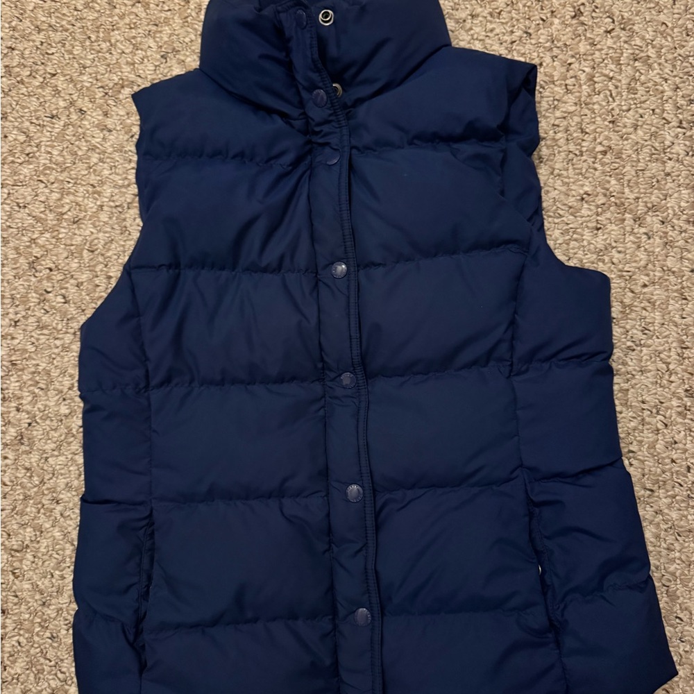 J. Crew Blue Puffer Vest Vintage. Down.  Sz Med women’s. tiny rip/paint stain